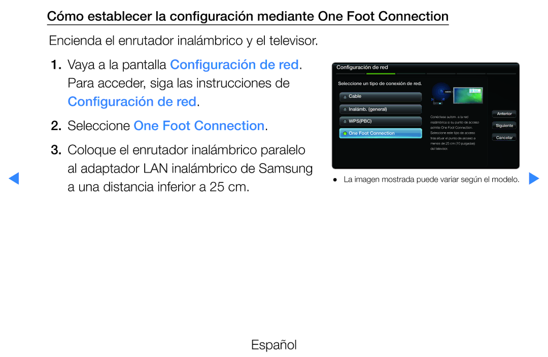 Samsung UE40D5700RSXXC, UE46D5500RWXXH manual Seleccione One Foot Connection, Al adaptador LAN inalámbrico de Samsung 