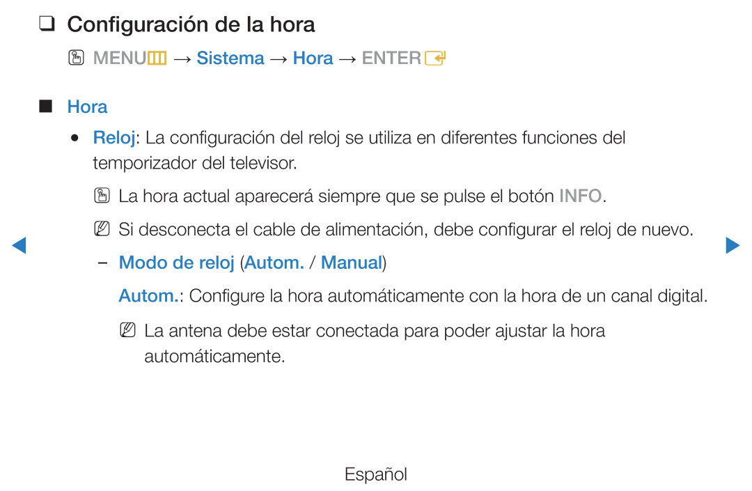 Samsung UE40D5520RWXXC manual Configuración de la hora, OO MENUm → Sistema → Hora → Entere, Modo de reloj Autom. / Manual 