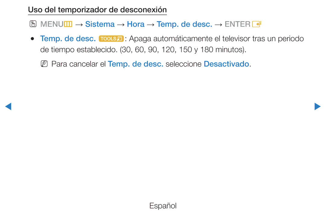 Samsung UE37D5500RWXXC manual Uso del temporizador de desconexión, OO MENUm → Sistema → Hora → Temp. de desc. → Entere 