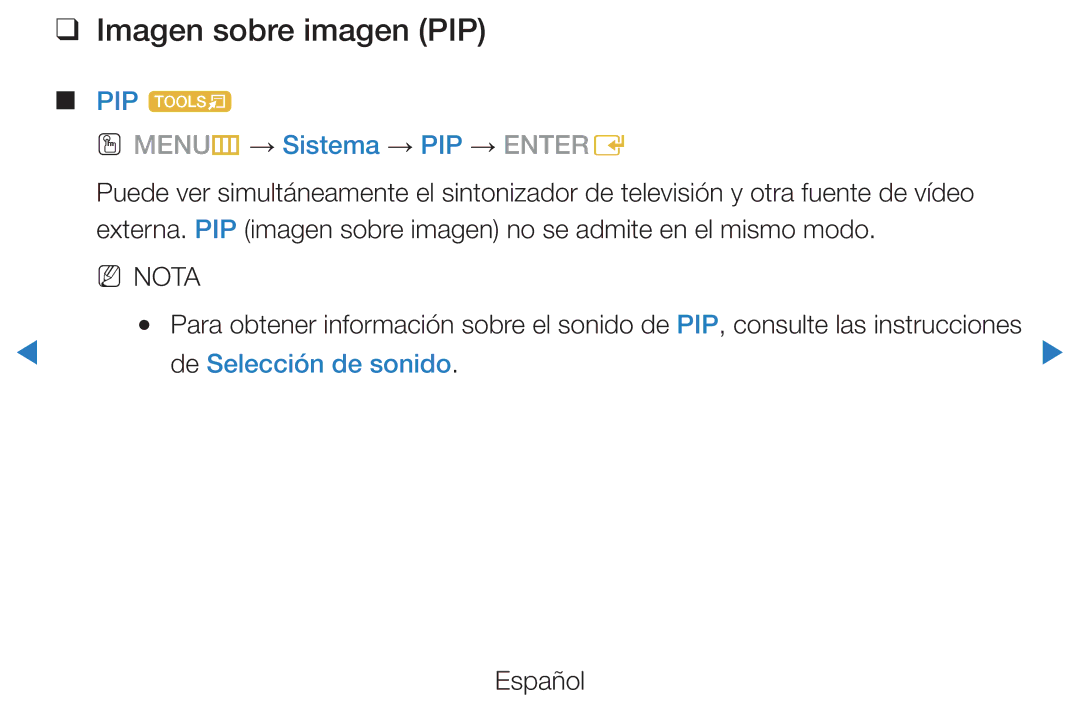 Samsung UE40D5800VWXXC manual Imagen sobre imagen PIP, PIP t OO MENUm → Sistema → PIP → Entere, De Selección de sonido 