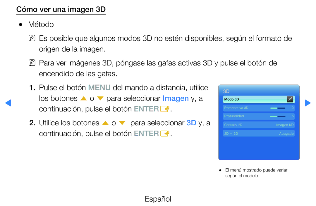 Samsung UE40D5520RWXXC, UE46D5500RWXXH, UE40D5500RWXXC, UE46D5700RSXZG manual El menú mostrado puede variar según el modelo 