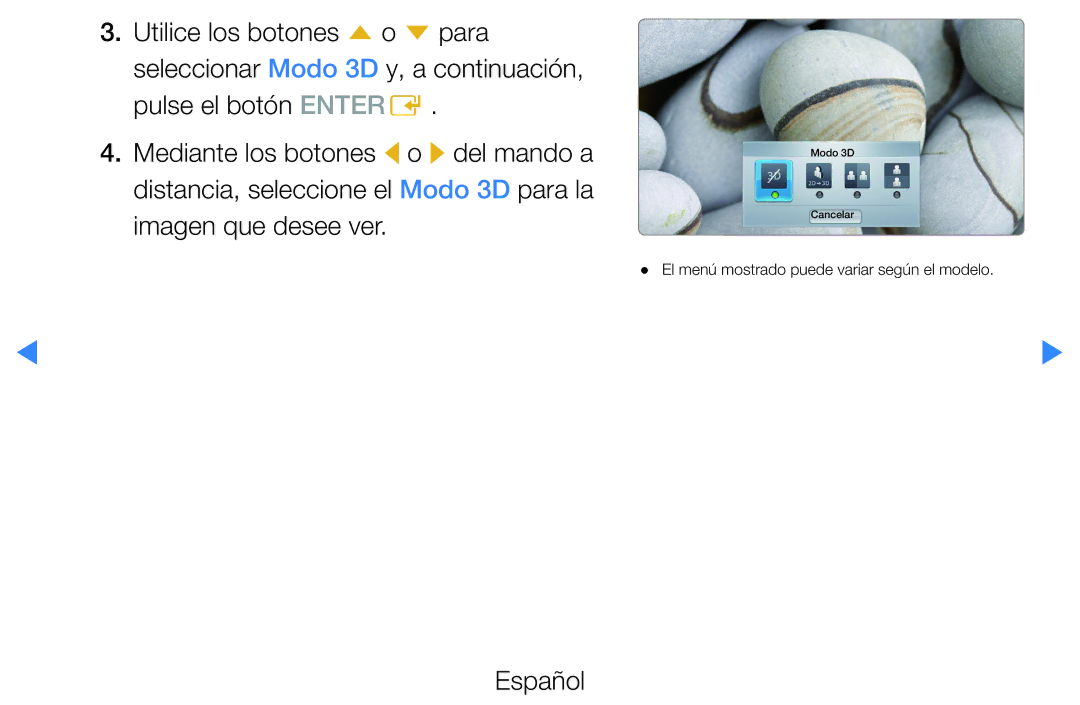 Samsung UE40D5500RWXXC, UE46D5500RWXXH, UE40D5520RWXXC, UE46D5700RSXZG, UE37D5500RWXXC, UE32D5500RWXXC manual Modo 3D Cancelar 