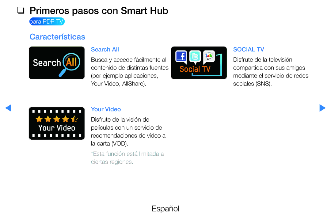 Samsung UE27D5000NWXZT, UE46D5500RWXXH, UE40D5520RWXXC, UE40D5500RWXXC manual Primeros pasos con Smart Hub, Características 