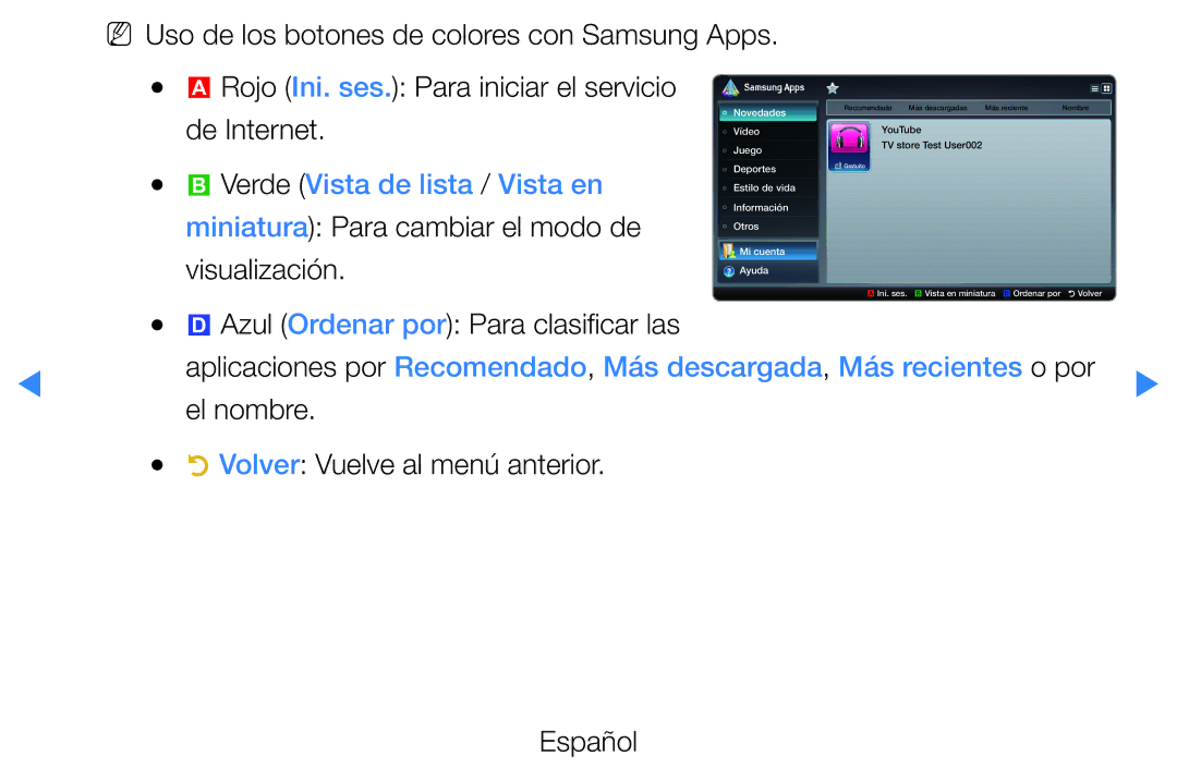 Samsung UE37D5700RSXXN manual Azul Ordenar por Para clasificar las, El nombre Volver Vuelve al menú anterior Español 