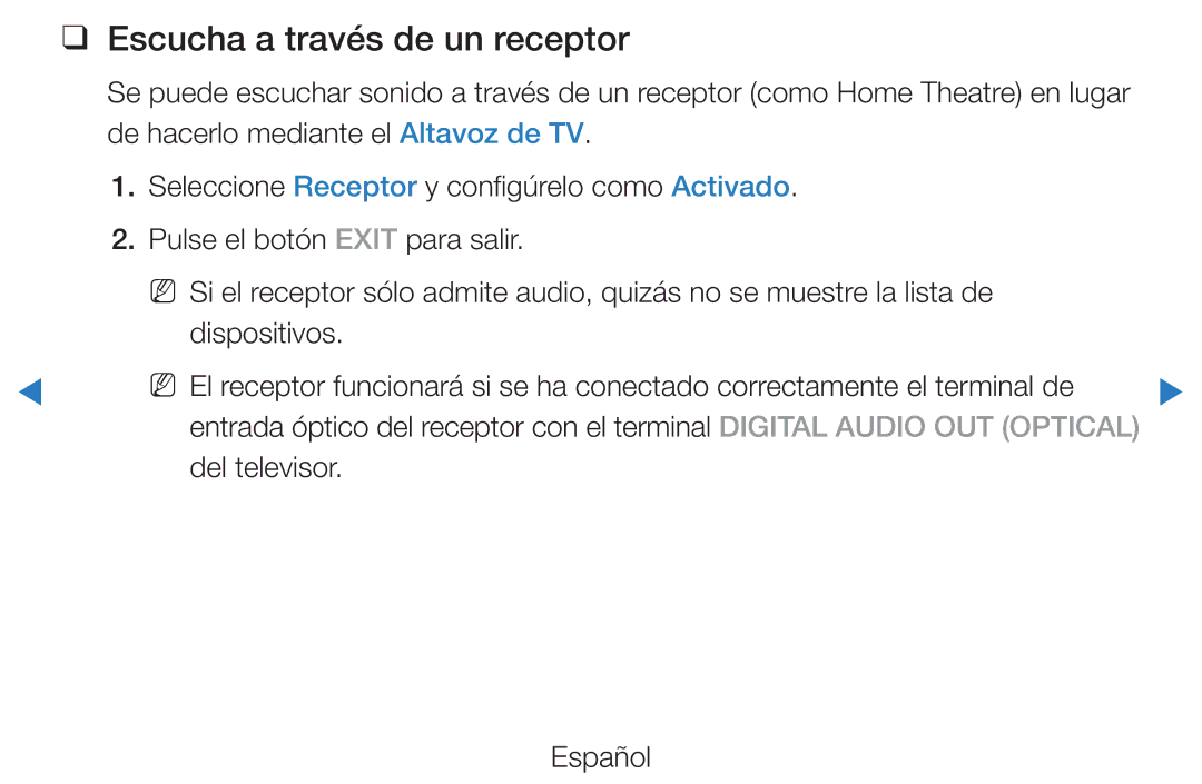 Samsung UE40D5500RWXXC, UE46D5500RWXXH, UE40D5520RWXXC manual Escucha a través de un receptor, Del televisor Español 