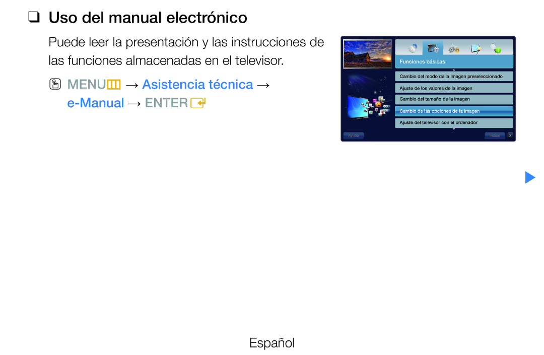 Samsung UE32D5520RWXXH, UE46D5500RWXXH Uso del manual electrónico, OO MENUm → Asistencia técnica → e-Manual → Entere 