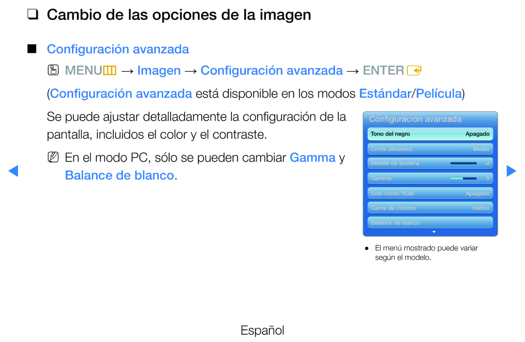 Samsung UE32D5700RSXXC Cambio de las opciones de la imagen, Pantalla, incluidos el color y el contraste, Balance de blanco 