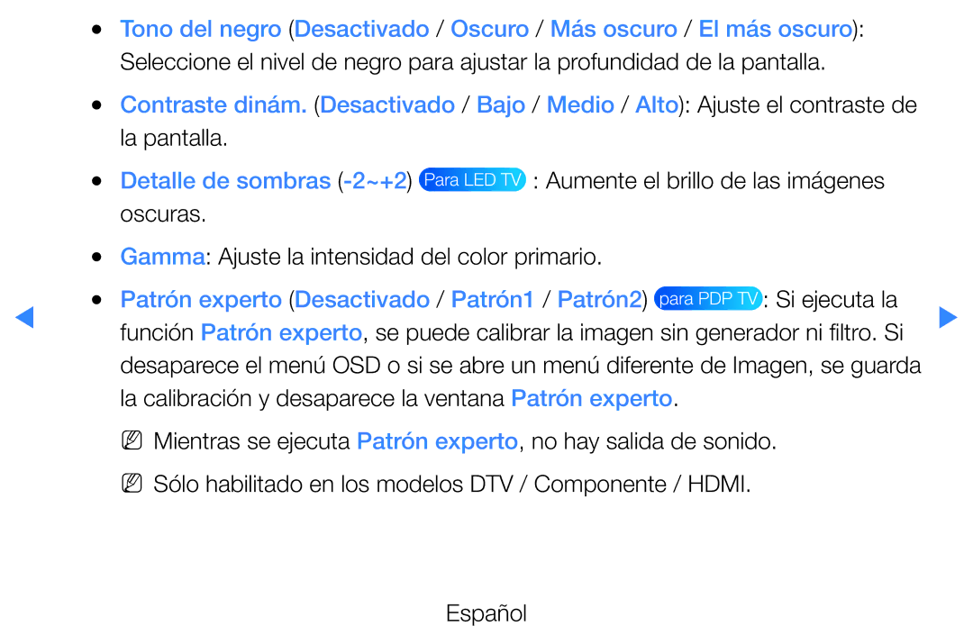 Samsung UE27D5000NWXZT manual La pantalla, Detalle de sombras -2~+2, Patrón experto Desactivado / Patrón1 / Patrón2 