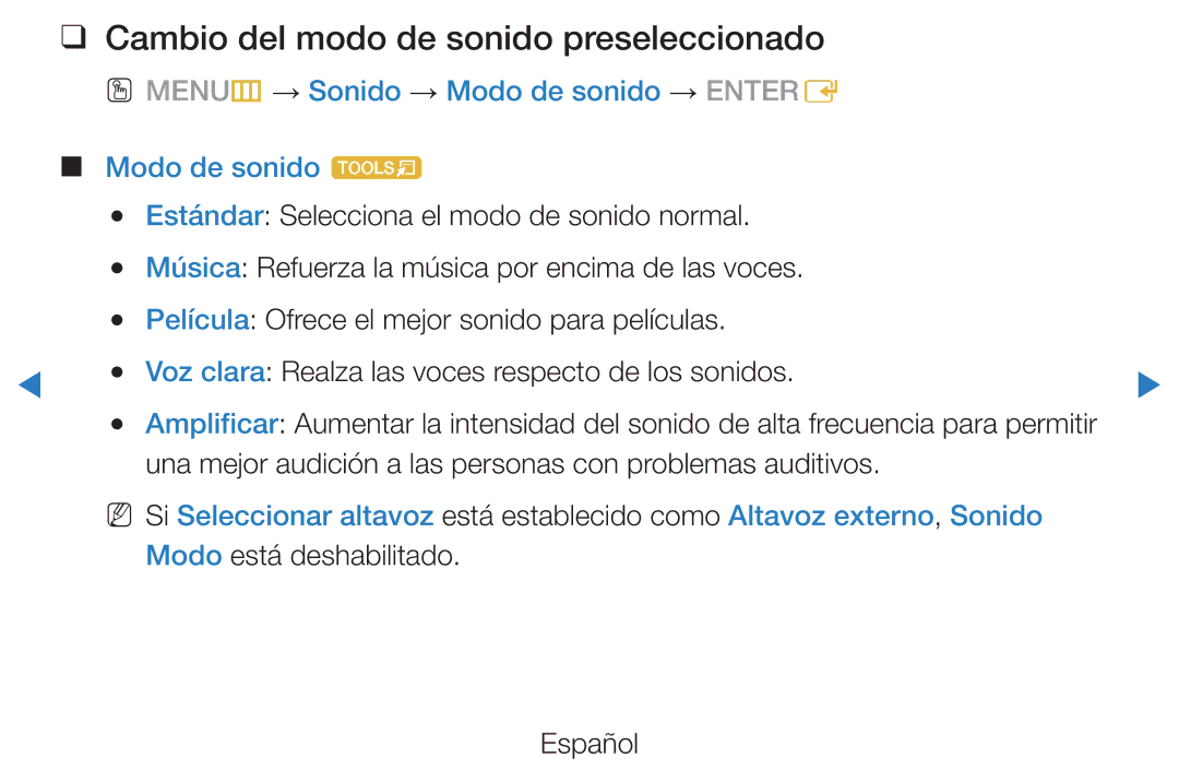 Samsung UE32D5500RWXXC, UE46D5500RWXXH, UE40D5520RWXXC, UE40D5500RWXXC manual Cambio del modo de sonido preseleccionado 