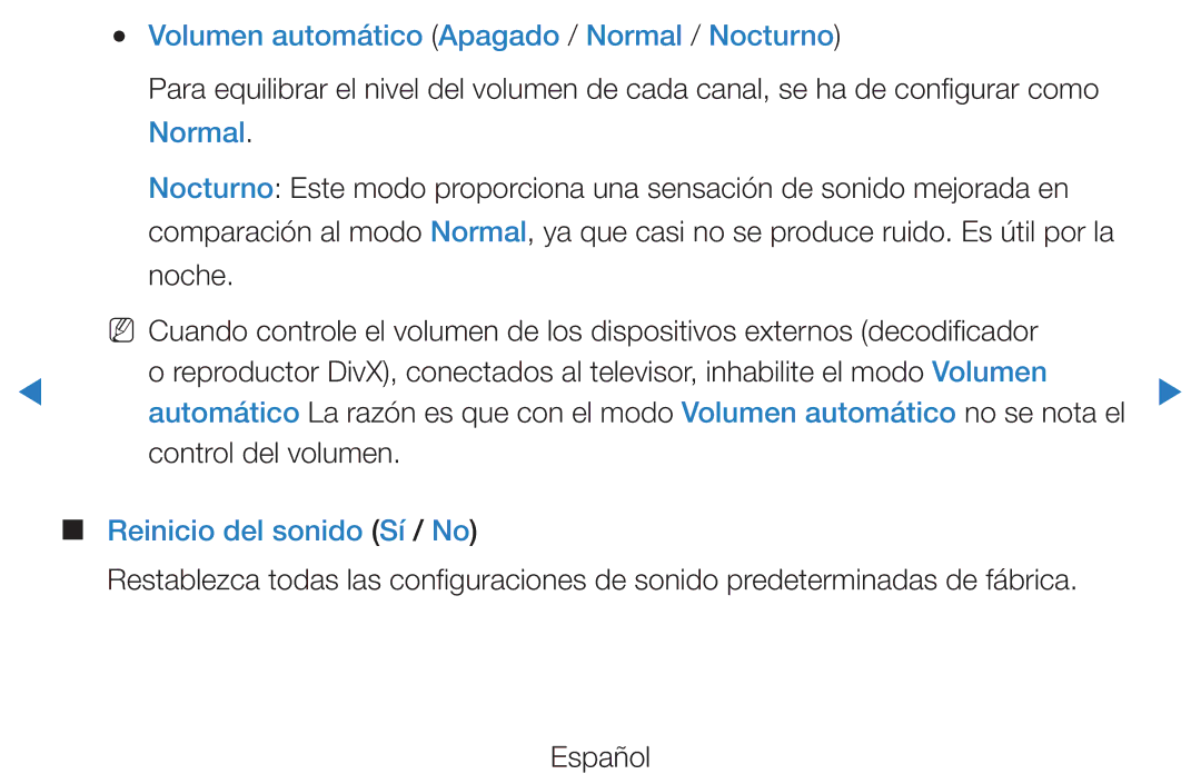 Samsung UE40D5500RWXXC, UE46D5500RWXXH manual Volumen automático Apagado / Normal / Nocturno, Reinicio del sonido Sí / No 