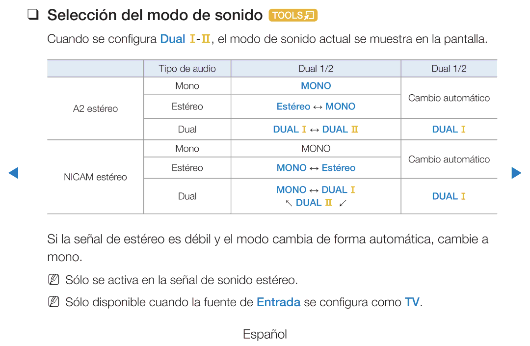 Samsung UE46D5700RSXZG, UE46D5500RWXXH, UE40D5520RWXXC, UE40D5500RWXXC, UE37D5500RWXXC Selección del modo de sonido t, Mono 