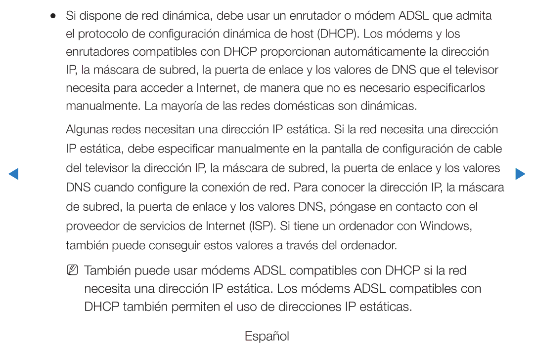 Samsung UE27D5000NWXZT, UE46D5500RWXXH, UE40D5520RWXXC manual Dhcp también permiten el uso de direcciones IP estáticas 