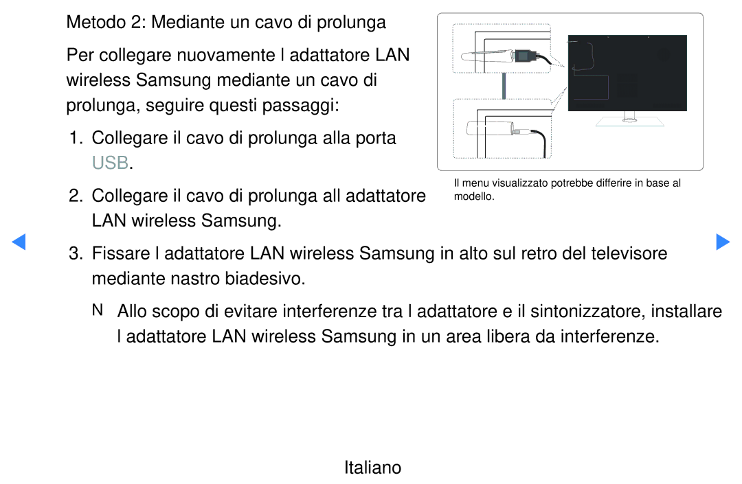 Samsung UE40D5800VWXZT, UE46D5500RWXXH Metodo 2 Mediante un cavo di prolunga, Collegare il cavo di prolunga alla porta USB 