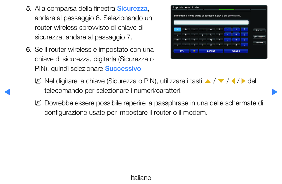 Samsung UE40D5720RSXXN, UE46D5500RWXXH, UE40D5500RWXXH manual Immettere il nome punto di accesso Ssid a cui connettersi 