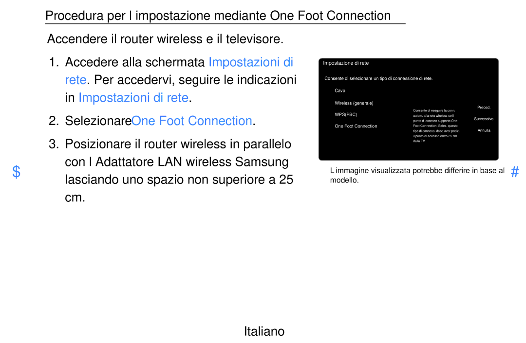 Samsung UE40D5500RPXZT, UE46D5500RWXXH manual Selezionare One Foot Connection, Con l’Adattatore LAN wireless Samsung 