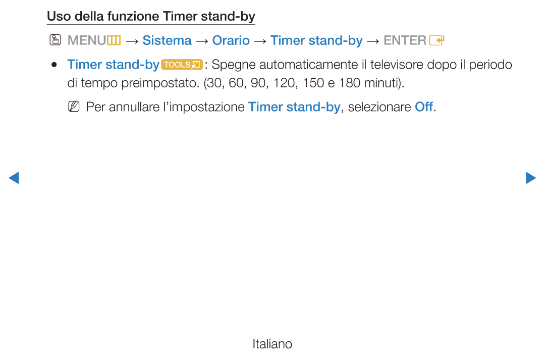 Samsung UE46D5500RPXZT manual Uso della funzione Timer stand-by, OO MENUm → Sistema → Orario → Timer stand-by → Entere 