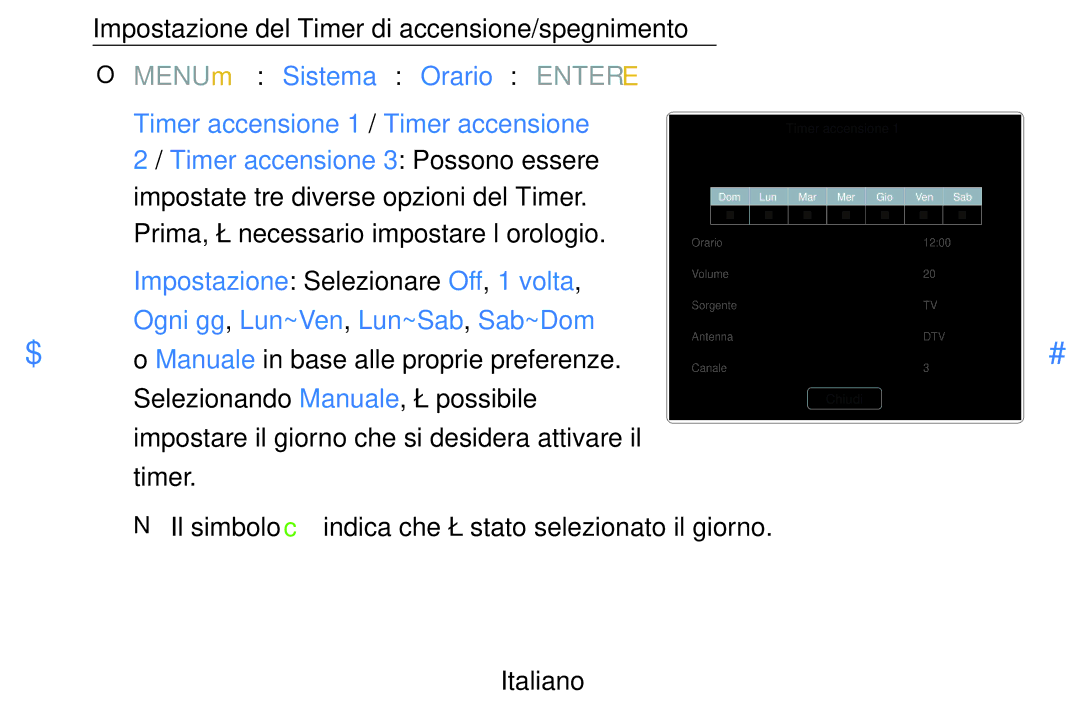 Samsung UE40D5500RPXZT manual Impostazione del Timer di accensione/spegnimento, Impostate tre diverse opzioni del Timer 