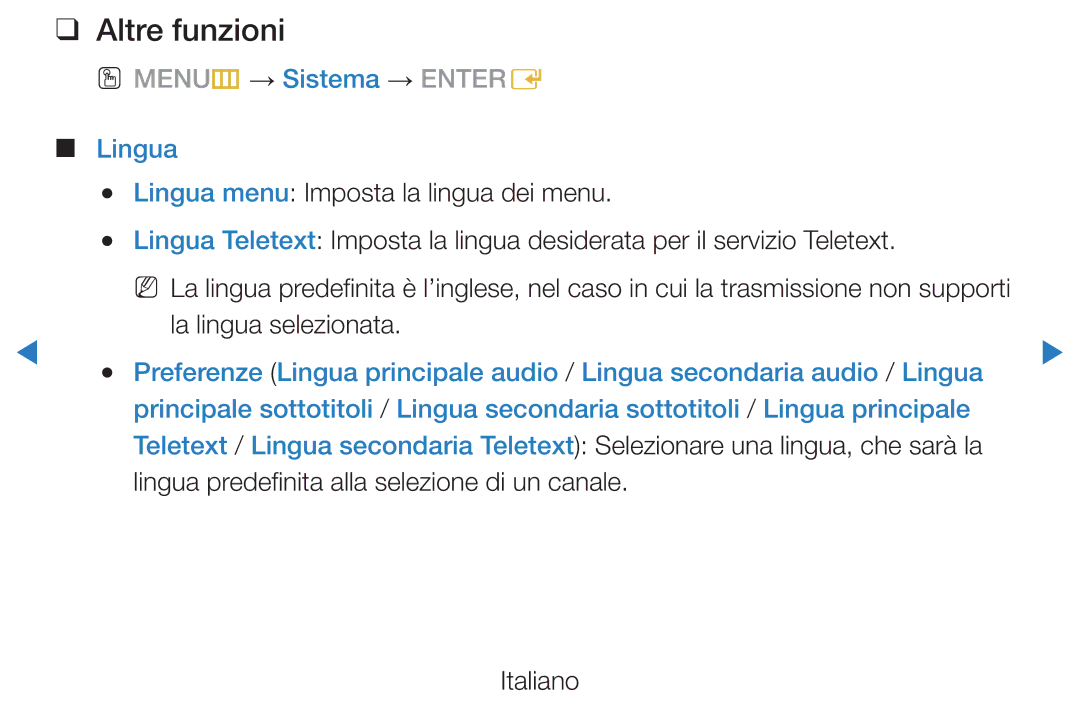 Samsung UE40D5500RWXXH, UE46D5500RWXXH manual OO MENUm → Sistema → Entere, Lingua Lingua menu Imposta la lingua dei menu 