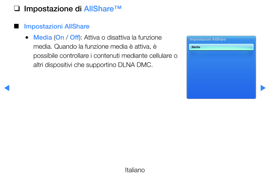 Samsung UE40D5720RSXXN, UE46D5500RWXXH, UE40D5500RWXXH, UE32D5720RSXXN manual Impostazione di AllShare, Impostazioni AllShare 