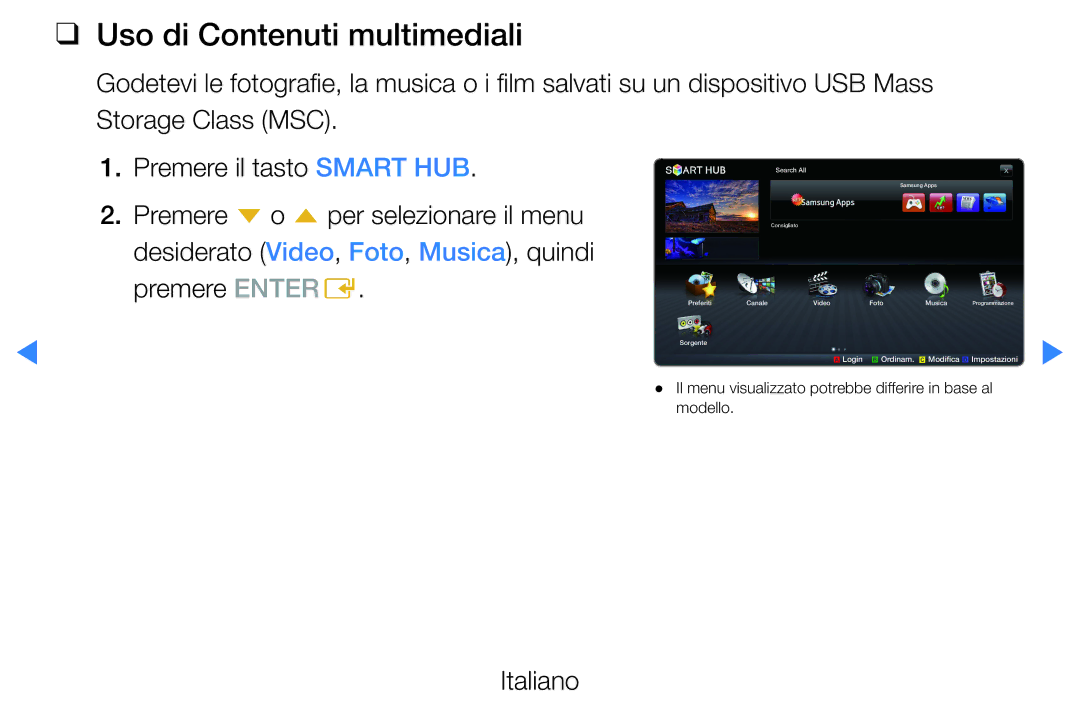 Samsung UE37D5500RPXZT, UE46D5500RWXXH, UE40D5720RSXXN Uso di Contenuti multimediali, Premere d o u per selezionare il menu 