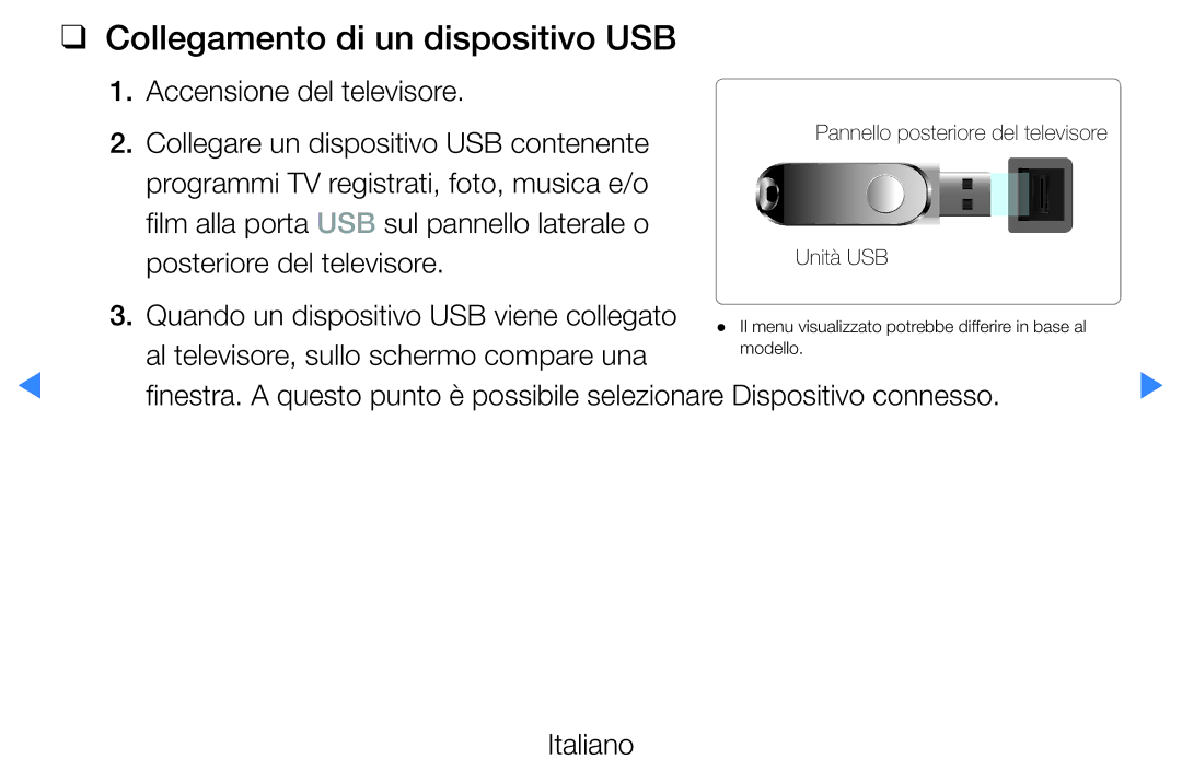 Samsung UE46D5500RPXZT, UE46D5500RWXXH, UE40D5720RSXXN manual Collegamento di un dispositivo USB, Accensione del televisore 