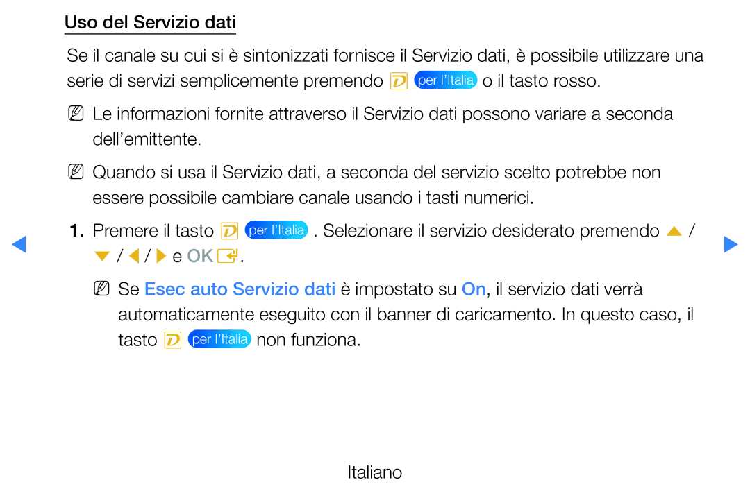 Samsung UE37D5500RPXZT, UE46D5500RWXXH, UE40D5720RSXXN, UE40D5500RWXXH manual Uso del Servizio dati, Non funziona Italiano 