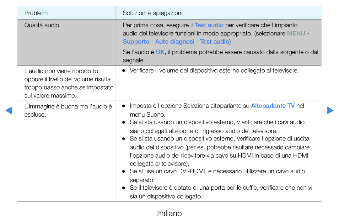 Samsung UE40D5800VWXZT, UE46D5500RWXXH, UE40D5720RSXXN, UE40D5500RWXXH, UE32D5720RSXXN manual Supporto Auto diagnosi Test audio 