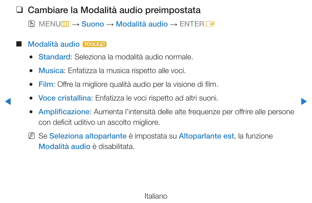 Samsung UE46D5500RPXZT, UE46D5500RWXXH Cambiare la Modalità audio preimpostata, Con deficit uditivo un ascolto migliore 