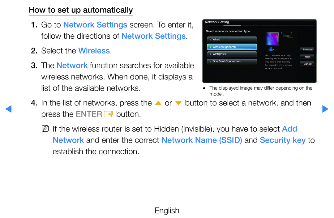 Samsung UE37D5700RSXZF Follow the directions of Network Settings, Select the Wireless, Establish the connection English 