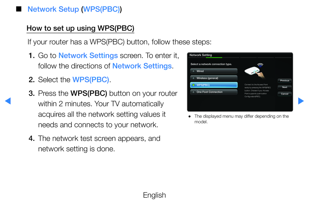 Samsung UE46D5720RSXZF, UE46D5500RWXXH Network Setup Wpspbc, Select the Wpspbc, Within 2 minutes. Your TV automatically 