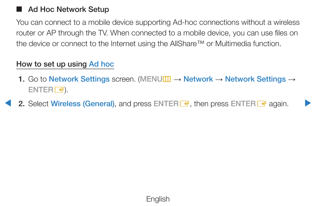 Samsung UE46D5700RSXZF, UE46D5500RWXXH, UE40D5720RSXXN, UE40D5500RWXXH manual Ad Hoc Network Setup, How to set up using Ad hoc 