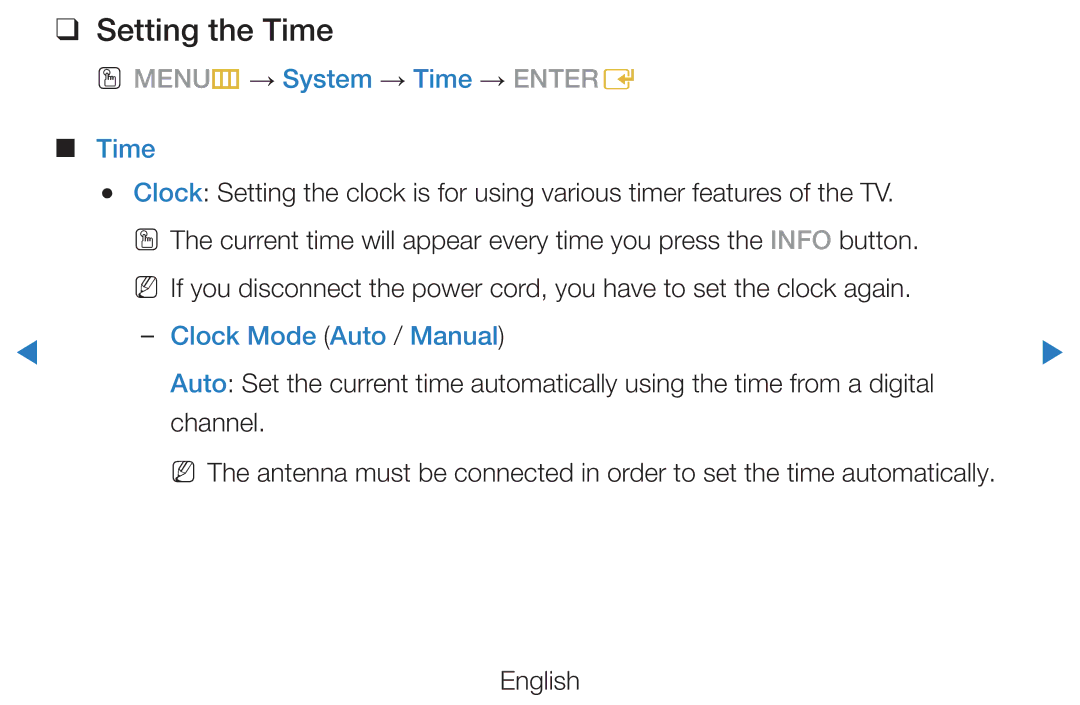 Samsung UE32D5520RWXXH manual Setting the Time, OO MENUm → System → Time → Entere, Clock Mode Auto / Manual, Channel 