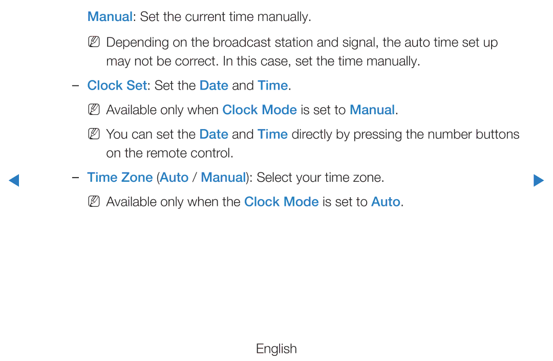Samsung UE46D5500RWXXC, UE46D5500RWXXH Clock Set Set the Date and Time, NN Available only when Clock Mode is set to Manual 