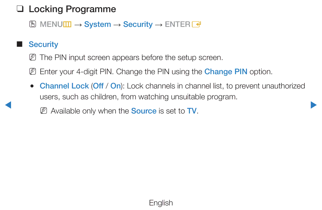 Samsung UE40D5520RKXXU, UE46D5500RWXXH, UE40D5720RSXXN manual Locking Programme, OO MENUm → System → Security → Entere 