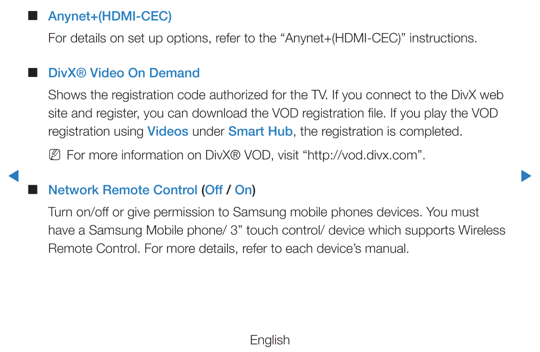 Samsung UE46D5520RWXRU, UE46D5500RWXXH manual Anynet+HDMI-CEC, DivX Video On Demand, Network Remote Control Off / On 