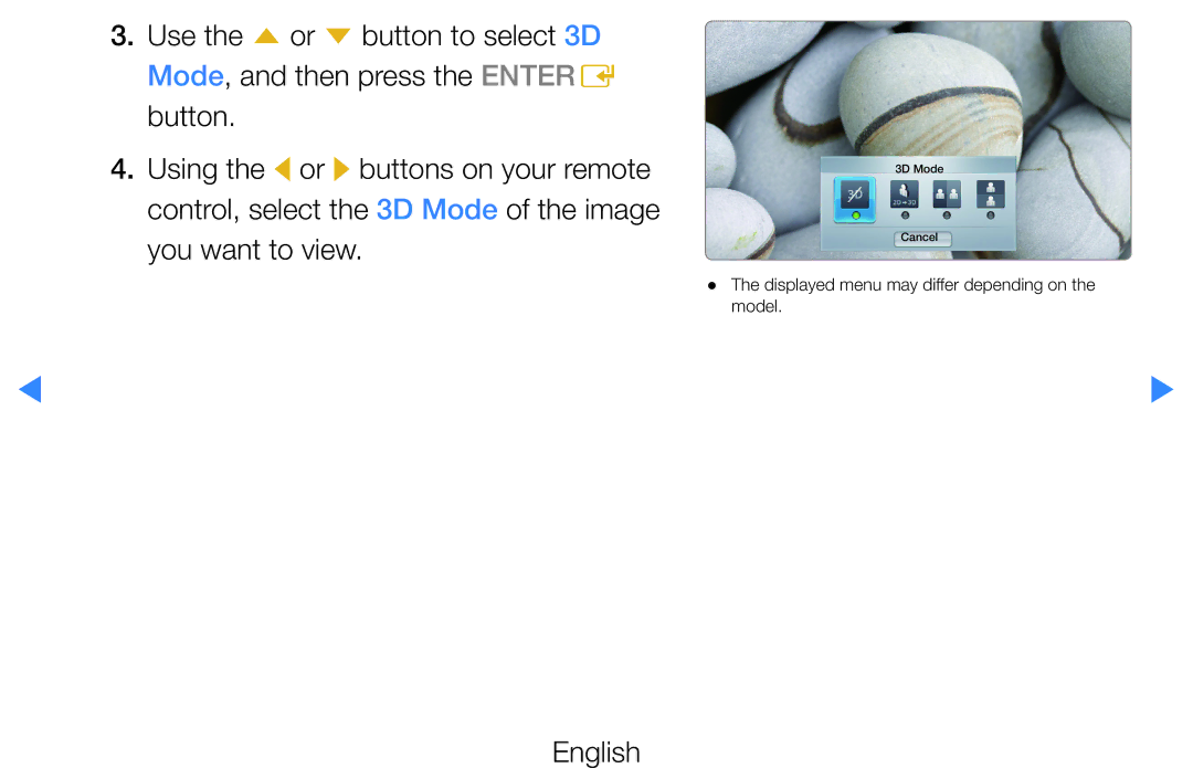 Samsung UE32D5720RSXXN, UE46D5500RWXXH, UE40D5720RSXXN, UE40D5500RWXXH, UE32D5720RSXZG, UE37D5700RSXZG manual 3D Mode Cancel 