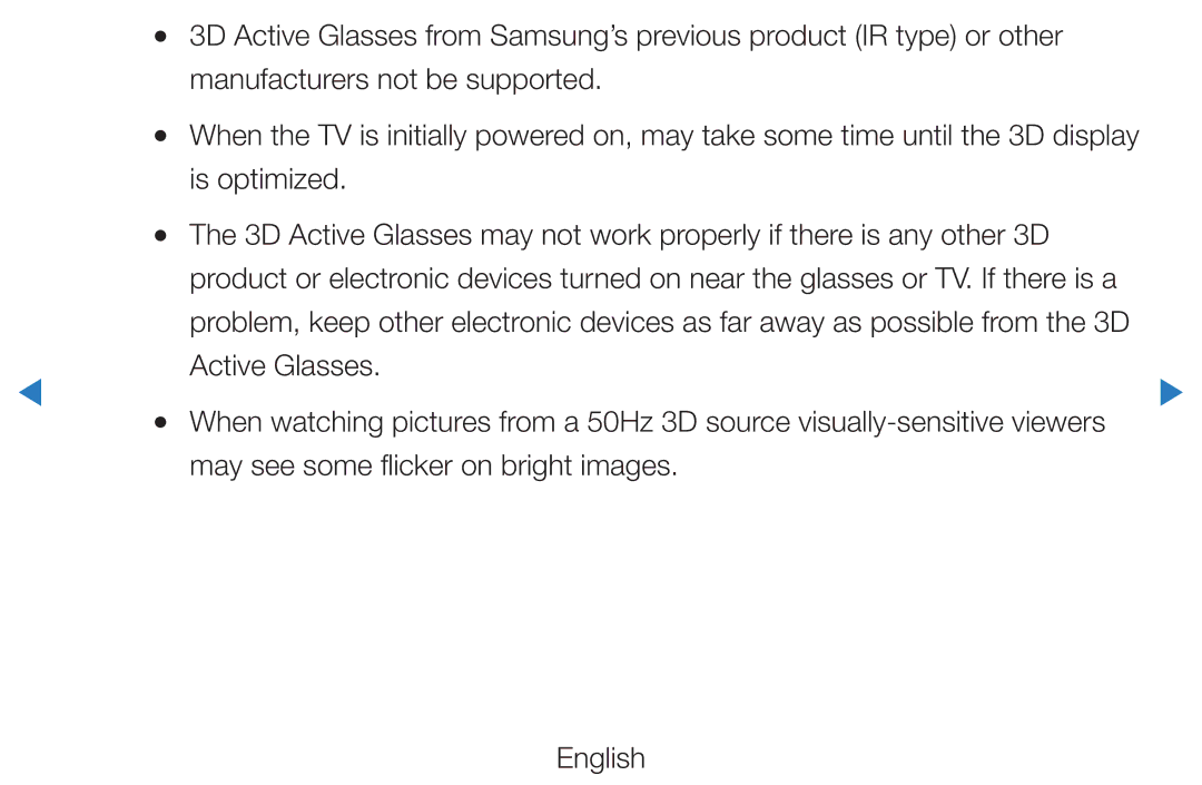 Samsung UE40D5500RWXXC, UE46D5500RWXXH, UE40D5720RSXXN manual Active Glasses, May see some flicker on bright images English 