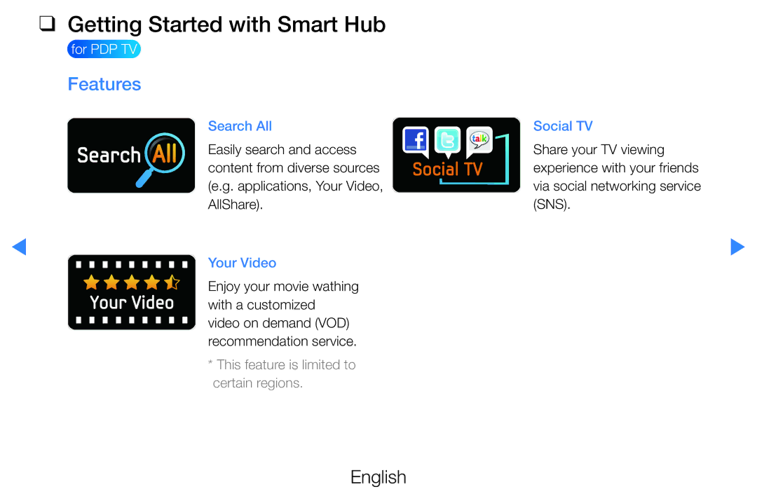 Samsung UE27D5000NWXZG, UE46D5500RWXXH, UE40D5720RSXXN, UE40D5500RWXXH manual Getting Started with Smart Hub, Features 