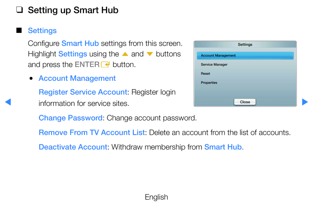 Samsung UE40D5700RSXXN Setting up Smart Hub, Configure Smart Hub settings from this screen, Information for service sites 