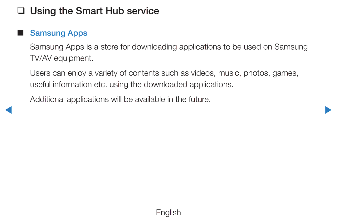 Samsung UE40D5720RSXZF, UE46D5500RWXXH, UE40D5720RSXXN, UE40D5500RWXXH manual Using the Smart Hub service, Samsung Apps 