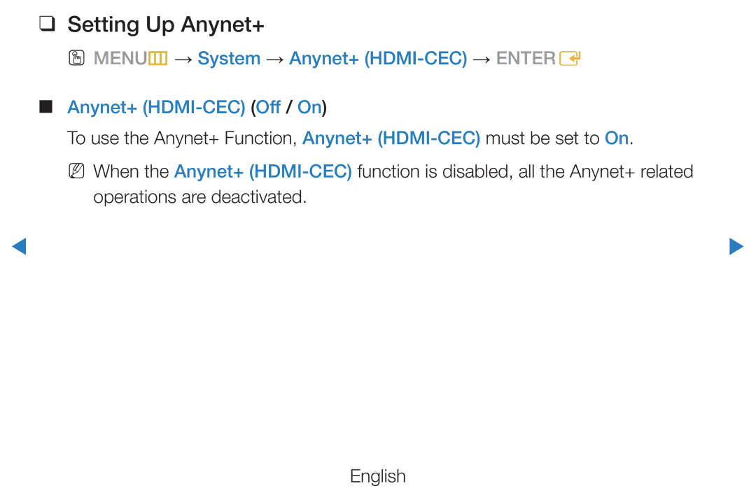 Samsung UE27D5000NWXXC manual Setting Up Anynet+, OO MENUm → System → Anynet+ HDMI-CEC → Entere, Anynet+ HDMI-CEC Off / On 