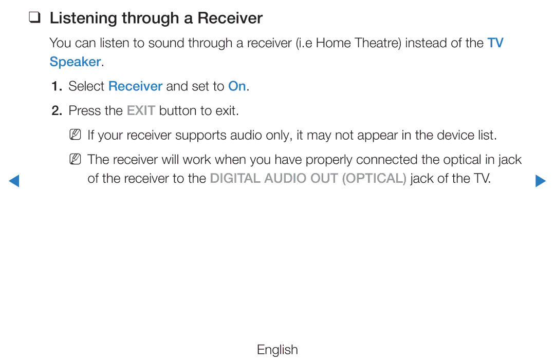 Samsung UE46D5520RWXXH, UE46D5500RWXXH, UE40D5720RSXXN, UE40D5500RWXXH, UE32D5720RSXZG manual Listening through a Receiver 