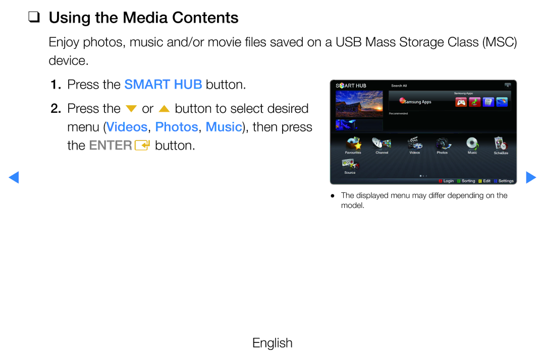 Samsung UE27D5000NWXXH, UE46D5500RWXXH, UE40D5720RSXXN, UE40D5500RWXXH, UE32D5720RSXZG manual Using the Media Contents 