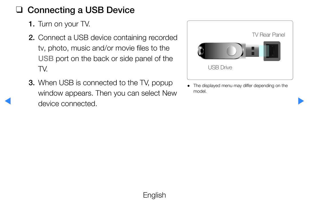 Samsung UE40D5520RKXXU, UE46D5500RWXXH, UE40D5720RSXXN, UE40D5500RWXXH manual Connecting a USB Device, Device connected 