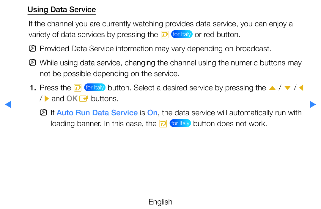 Samsung UE40D5500RWXTK, UE46D5500RWXXH, UE40D5720RSXXN, UE40D5500RWXXH manual Using Data Service, Button does not work English 