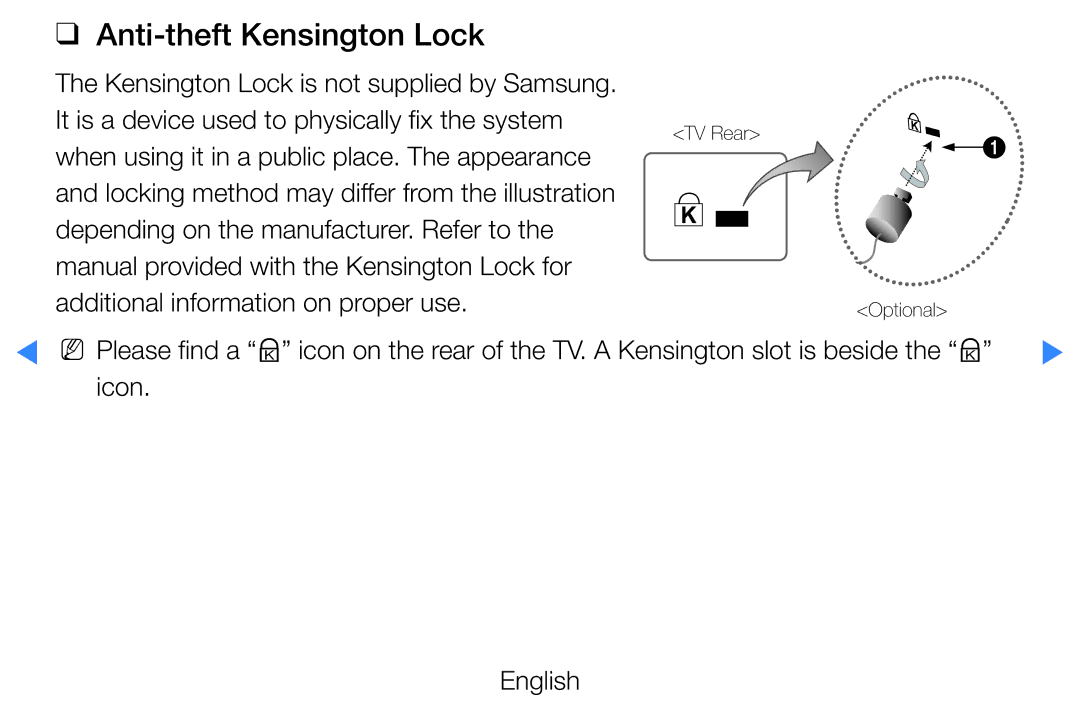 Samsung UE40D5500RPXZT, UE46D5500RWXXH, UE40D5720RSXXN, UE40D5500RWXXH, UE32D5720RSXZG manual Anti-theft Kensington Lock 