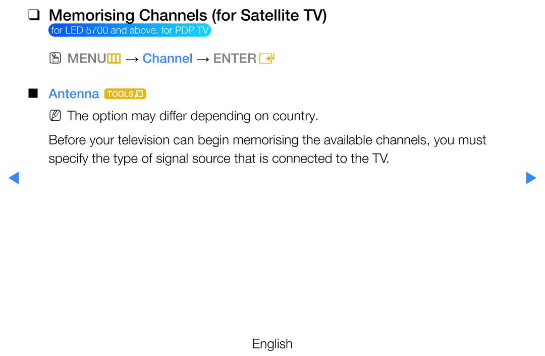 Samsung UE37D5500RPXZT, UE46D5500RWXXH, UE40D5720RSXXN, UE40D5500RWXXH manual Memorising Channels for Satellite TV, Antenna t 