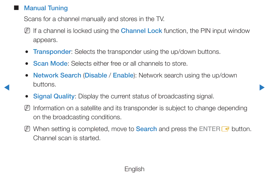 Samsung UE27D5000NWXXC, UE46D5500RWXXH, UE40D5720RSXXN Manual Tuning, Scans for a channel manually and stores in the TV 