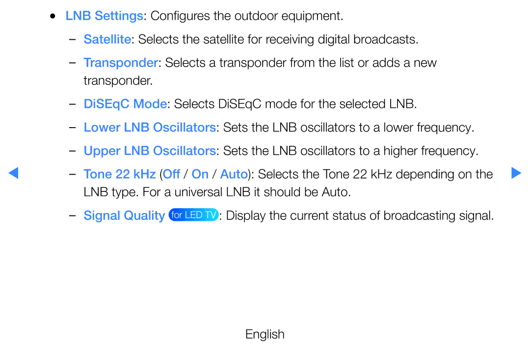 Samsung UE46D5500RWXXC, UE46D5500RWXXH, UE40D5720RSXXN manual LNB Settings Configures the outdoor equipment, Transponder 