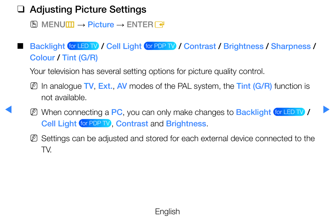 Samsung UE40D5520RKXXU, UE46D5500RWXXH, UE40D5720RSXXN manual Adjusting Picture Settings, Colour / Tint G/R, Not available 